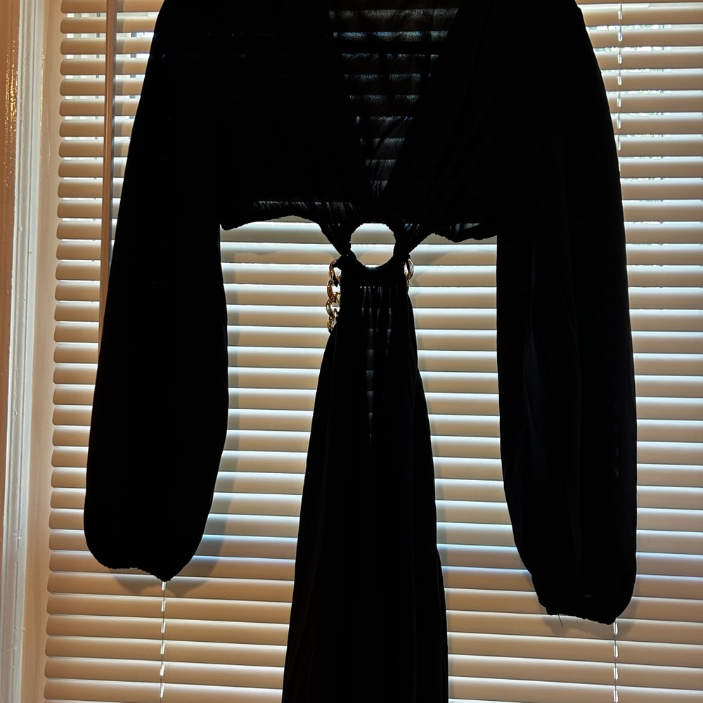 SHEIN Black Long-Sleeve Maxi Dress with Gold Ring Detail (New without tags)